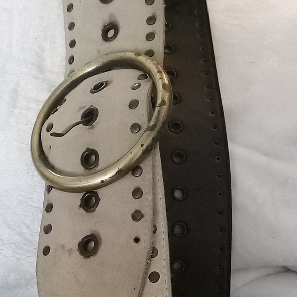 Aldo Womans Two-Tone Studded  Belt with Round Buckle - Cream Some Age Spots